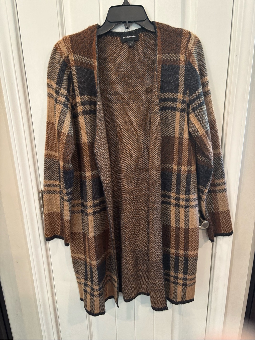 Fortune + Ivy Brown Plaid Open Front Cardigan